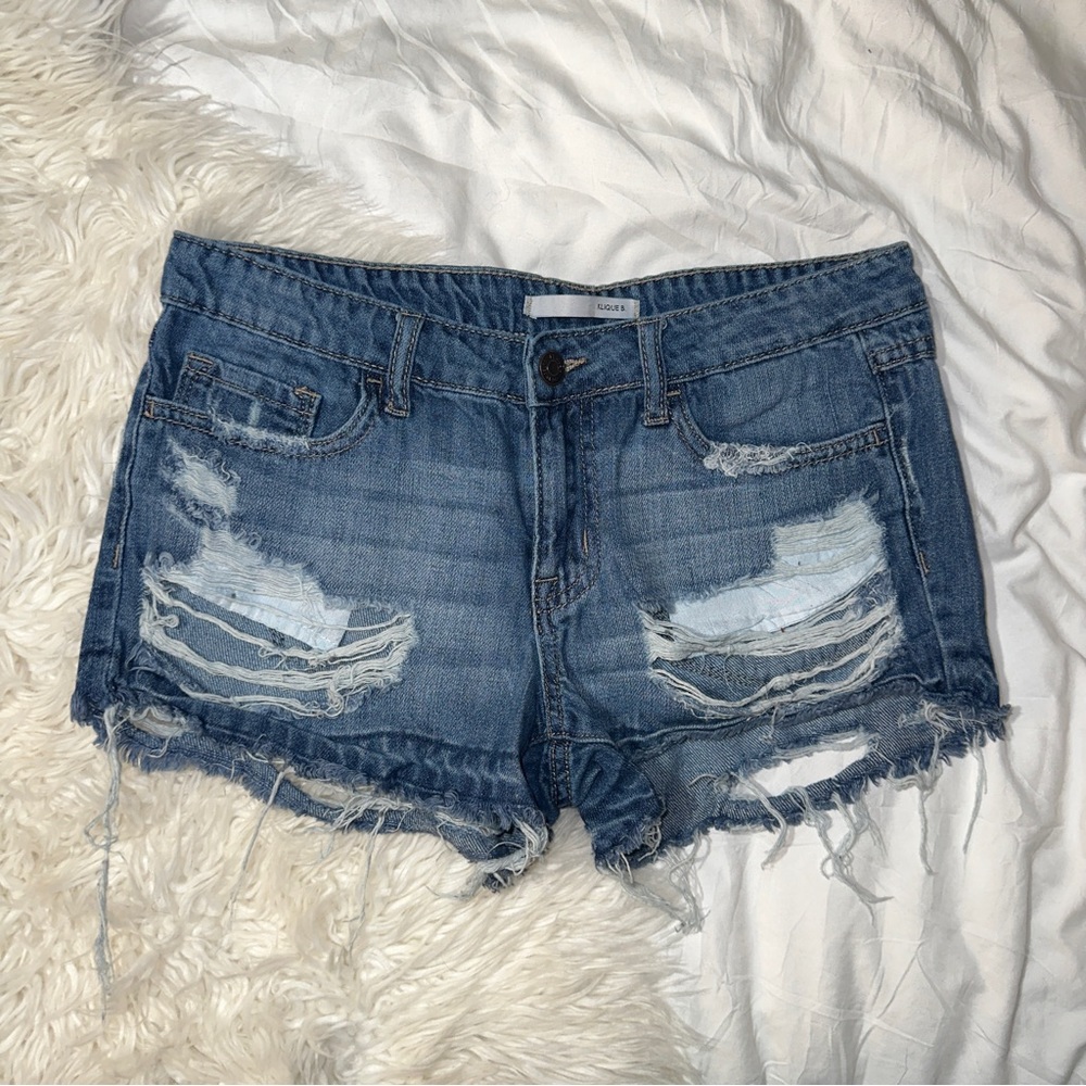 Klique B. | KL284 Distressed Denim Shorts Low Mid Rise Frayed Raw Hem Size 26